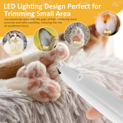 Pet Dog & Cat Paw Trimmer - LED Light, Low Noise, Waterproof Cordless Hair Clipper Grooming Tool