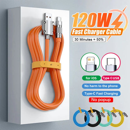 120W 6A Super Fast Charge USB C Cable - Liquid Silicone for iPhone 14/15, Huawei, Samsung, Xiaomi, Quick Charger Type-C Data Wire