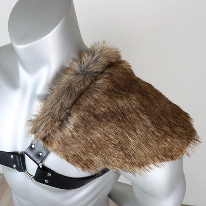 UYEE Men's Medieval Viking Fur Shawl – Barbarian Shoulder Cowl Mantle with Chest Belt & Fur Capelet for Cosplay