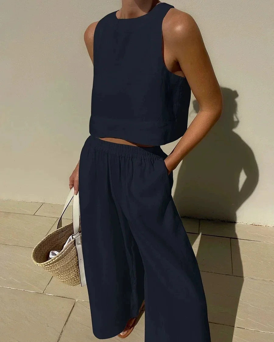 Women Cotton Linen 2-Piece Set – Sleeveless Lace-Up Top & Drawstring Long Pants Summer Commuting Outfit 2023 Fashion