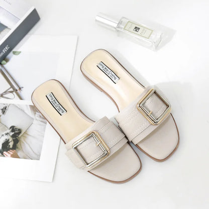 Women’s Flat Slippers — Summer Leather Square Toe Flats, Designer Slides & Luxury Sandals
