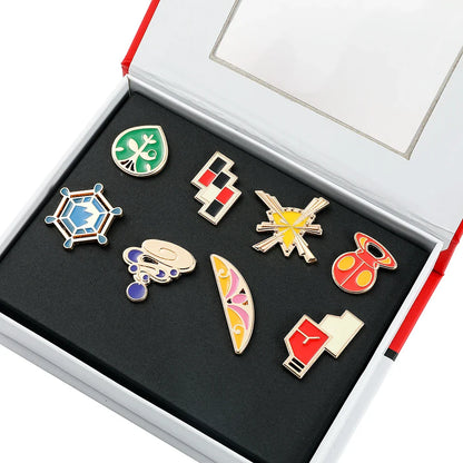 Anime League Gym Badge Set – Metal Brooches from Sinnoh, Johto, Hoenn & Indigo with Pikachu & Squirtle Figure Toys