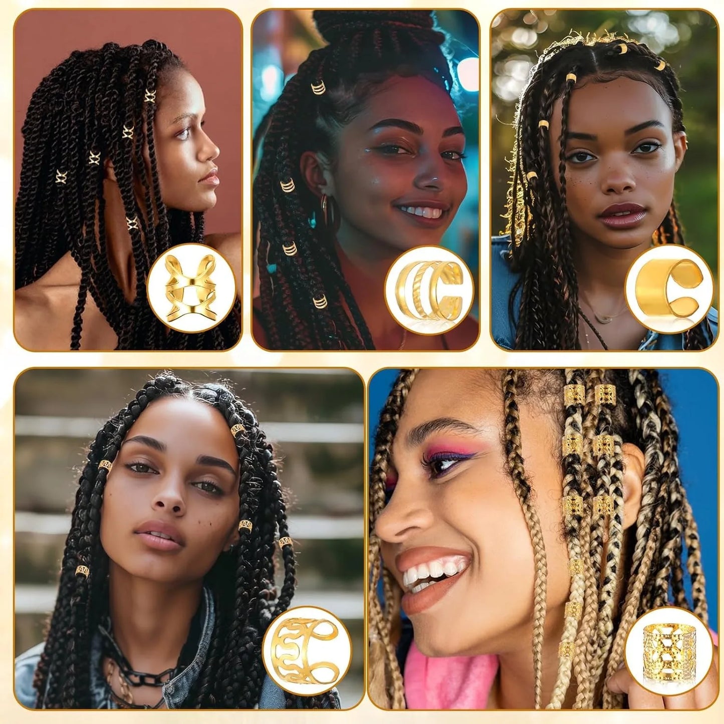 40PCS Gold Plated Hollow Hair Rings — Dreadlock & Braiding Hair Accessories, DIY Hair Jewelry Kit