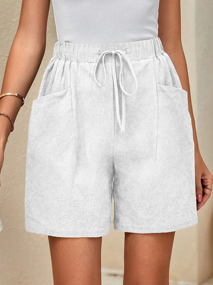 Women’s Linen Summer Shorts - Solid Color Elastic Waist Drawstring Casual Shorts for Everyday Wear
