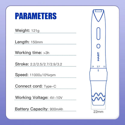 Mast P60 Wireless Tattoo Pen – Permanent Makeup Kit with 2 Batteries & 5 Adjustable Strokes for Eyebrows, Eyeliner & Lips