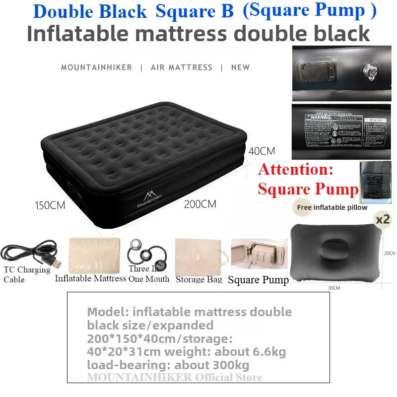 MOUNTAINHIKER 2025 Inflatable Air Mattress – PVC Glamping Sleeping Mat with Built-in Pump for 1-3 Persons
