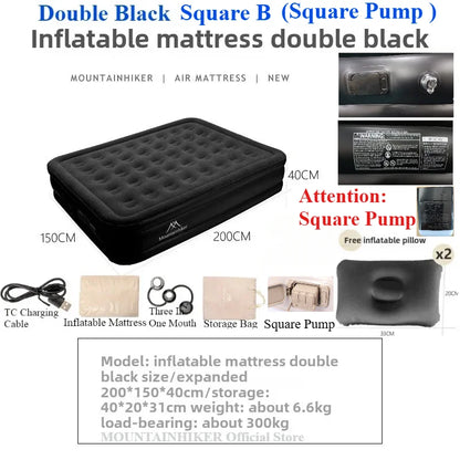 MOUNTAINHIKER 2025 Inflatable Air Mattress – PVC Glamping Sleeping Mat with Built-in Pump for 1-3 Persons