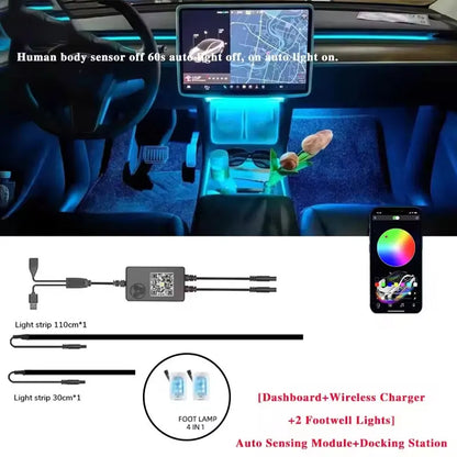 2-in-1 Dynamic Neon RGB Car LED Ambient Lighting – Auto OFF 60s Module for Tesla Model 3 & Y Dashboard Decoration