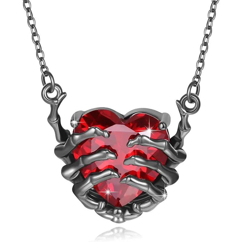 Exaggerated Punk Gothic Heart Ghost Claw Pendant Necklace — Dark Red Fashion Jewelry for Women & Men