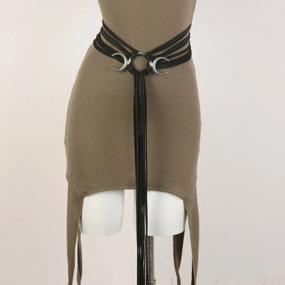 Bohemian PU Waist Belt - Vintage Moon Tassel Woven Tie Belt for Women