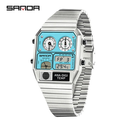 SANDA 3192 Men’s LED Square Watch — Youth Casual Multi-Function Stopwatch Thermometer Chronograph
