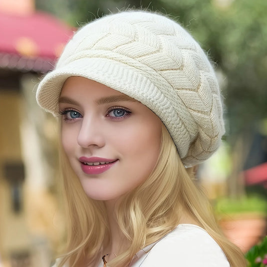 Retro Women’s Winter Knitted Cap — Warm Cold Weather Hat with Sun Visor for Running, Camping, Walking, and Skiing