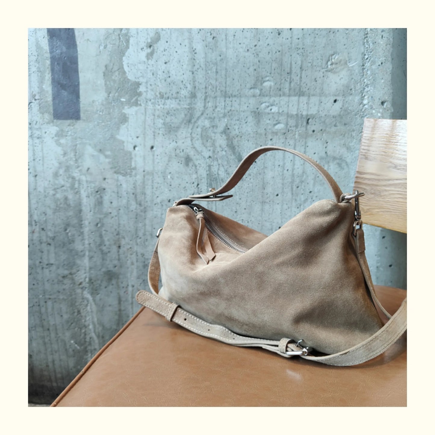 Simple Autumn Winter Grey & Brown Boston Tote — Soft Matte Suede Cow Leather Women's Shoulder Handbag
