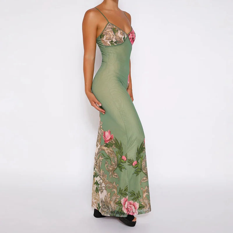 Summer Style Staple: Sleeveless Print Suspender Dress - V-Neck Slim Long Skirt, Women's Beach Party Club Robe (Style: JY23159SK)