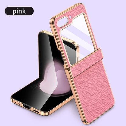 Cowhide Leather Samsung Galaxy Z Flip Case — Luxury Hinge Protection Cover with Tempered Glass for Flip 5/6/7