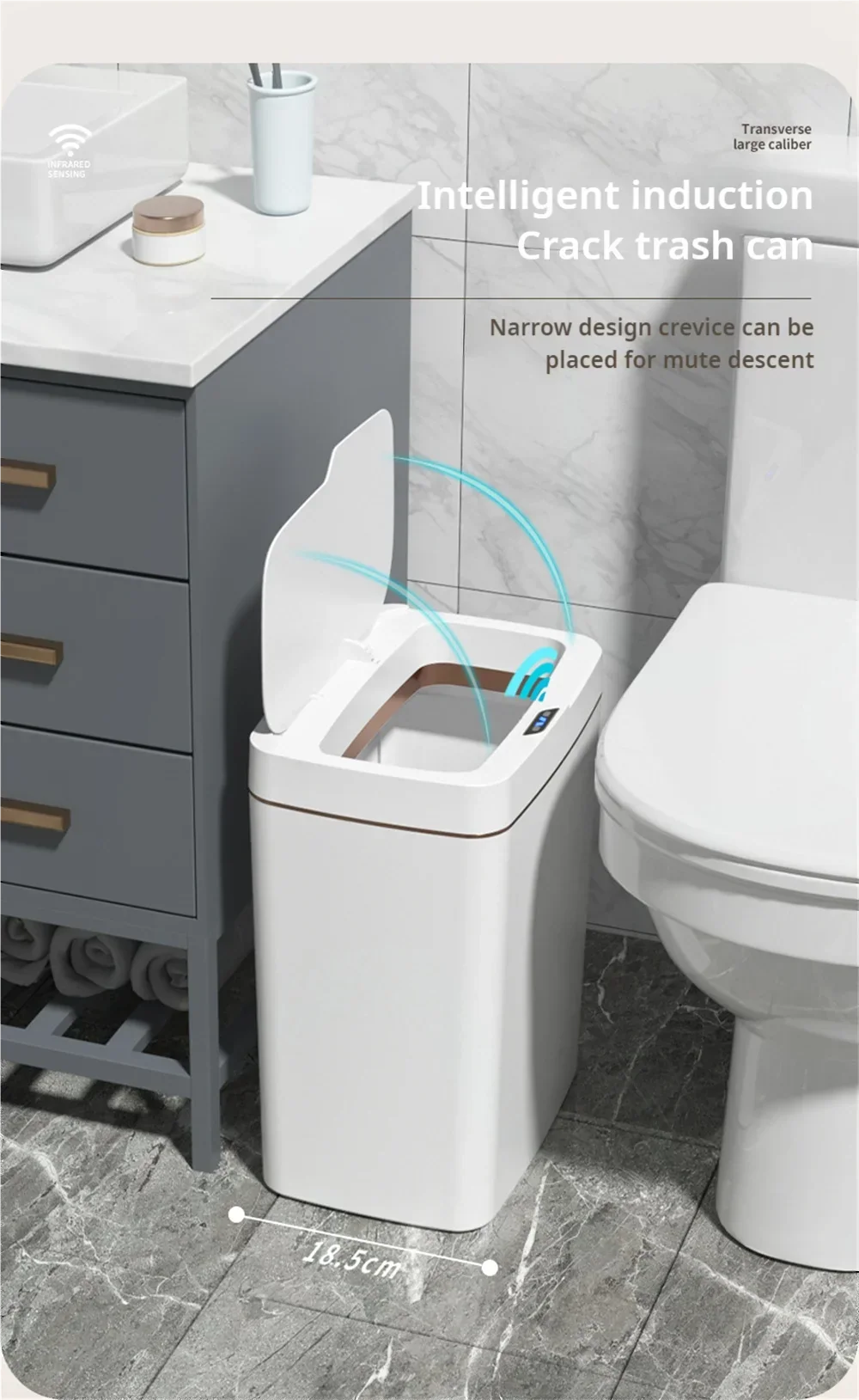 15L Smart Automatic Bathroom Trash Can — Touchless Electronic Sensor Bin with Self-Bagging, White Narrow Garbage Bin for Smart Home