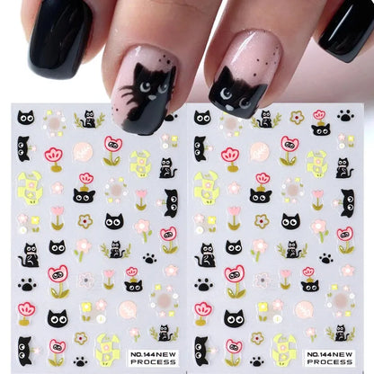2PCS 3D Black Cat Nail Stickers - Cute Cartoon Self-Adhesive Nail Art Decals for Manicure