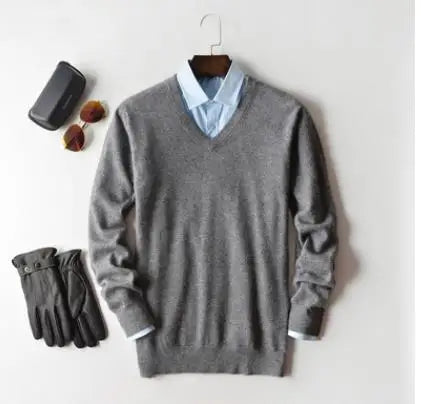 Men’s Classic V-Neck Pullover Sweater – 2024 Autumn Winter Cashmere-Cotton Blend Warm Jumper