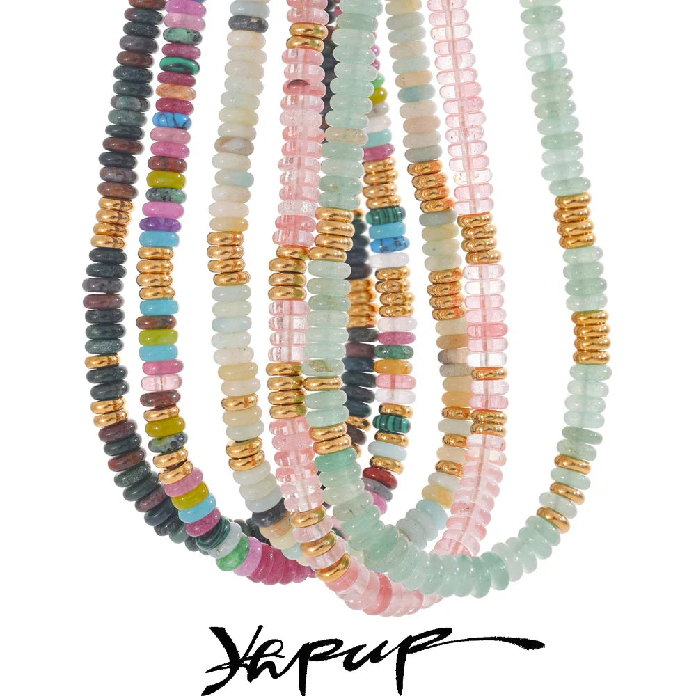 Yhpup Colorful Natural Stone Bead Necklace – Handmade Y2K Stainless Steel Waterproof Chain Jewelry for Women