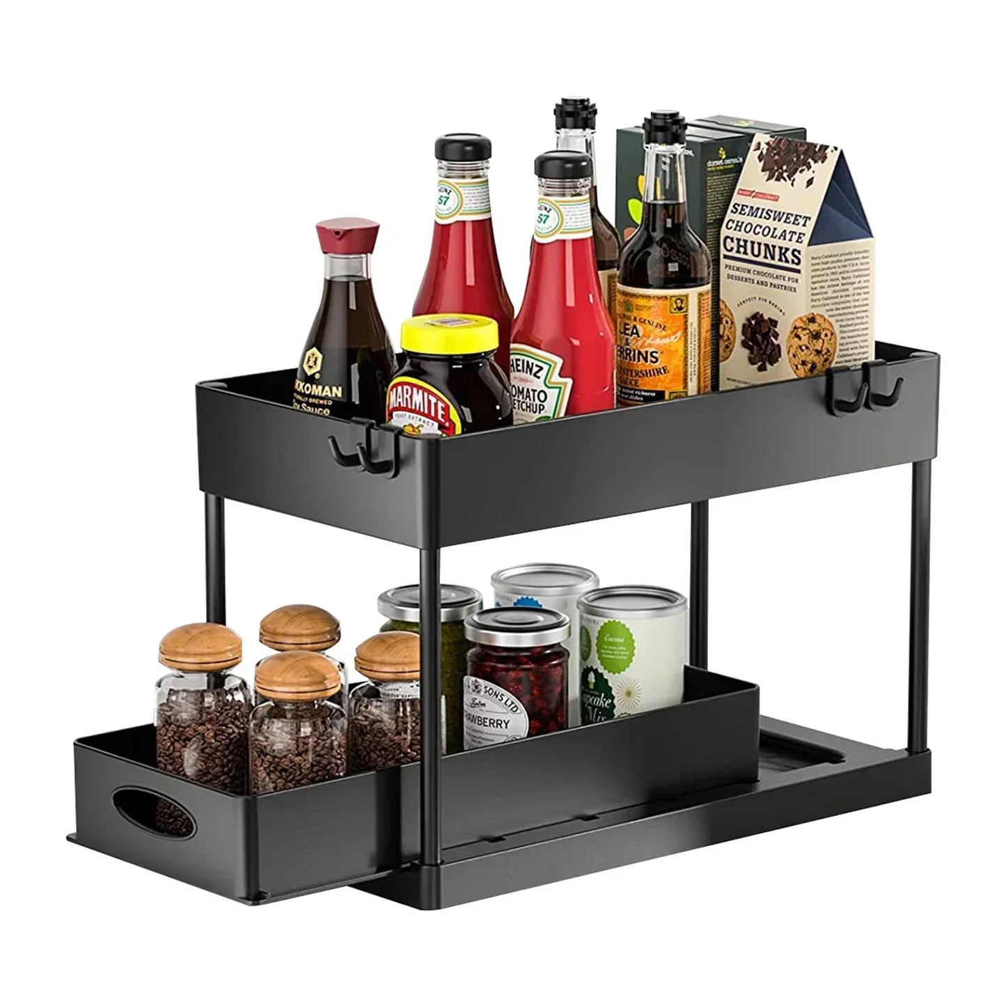 2-Tier Under Sink Organizer - Sliding Cabinet Basket with Hooks, Hanging Cup for Bathroom and Kitchen Storage