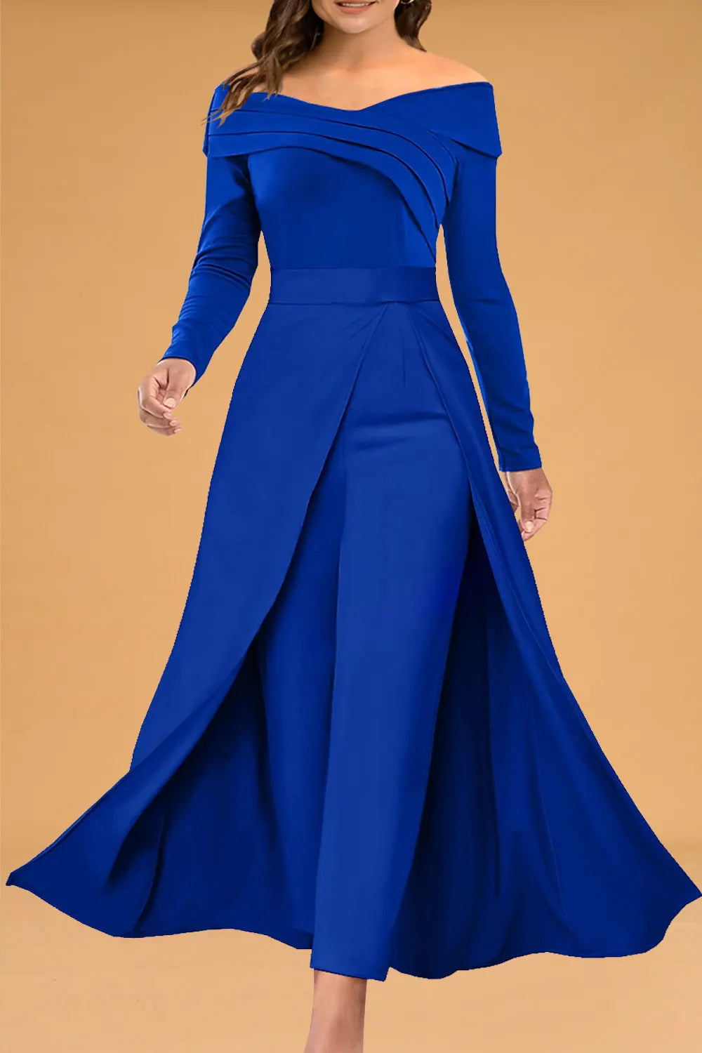 Women’s Plus Size Mother of the Bride Jumpsuit – Blue Chiffon Off-Shoulder, Pleated Double-Layer Split Elegant One-Piece Set