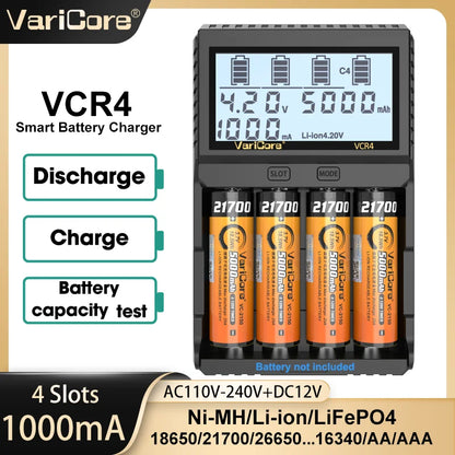 VariCore VCR4/VCP4 LCD Smart Battery Charger – Capacity Tester for 3.7V Li-Ion (18650, 21700, 26650), 3.2V LiFePO4 (32700), and 1.2V Ni-MH (AA/AAA)