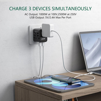 LENCENT International Travel Adapter – All-in-One Charger with 2 USB Ports, EU/UK/USA/AUS Plugs for Worldwide Travel