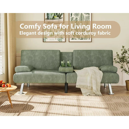 Modern Corduroy Futon Sofa Bed with Cup Holders & Removable Armrests – Folding Recliner Lounge, Green