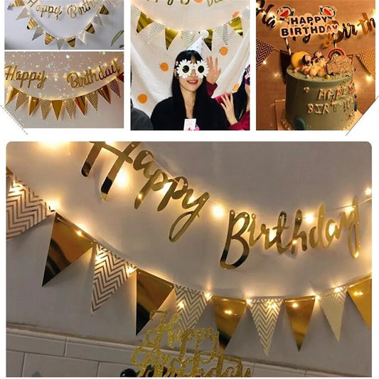 DIY Happy Birthday Banner Set with Multi-Themed Colored Lights - Includes Bunting, String Lights, and Photo Booth Flags