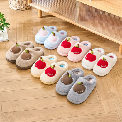 TZLDN Cartoon Plush Slippers – 3D Apple Faux Fur Indoor Slippers for Couples, Warm Winter Cotton Shoes for Women & Men
