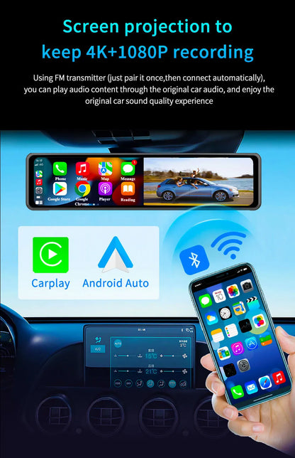 4K Dash Cam Car Mirror – 3840x2160P Video Recording, Wireless CarPlay & Android Auto, 5G WiFi, GPS Navigation