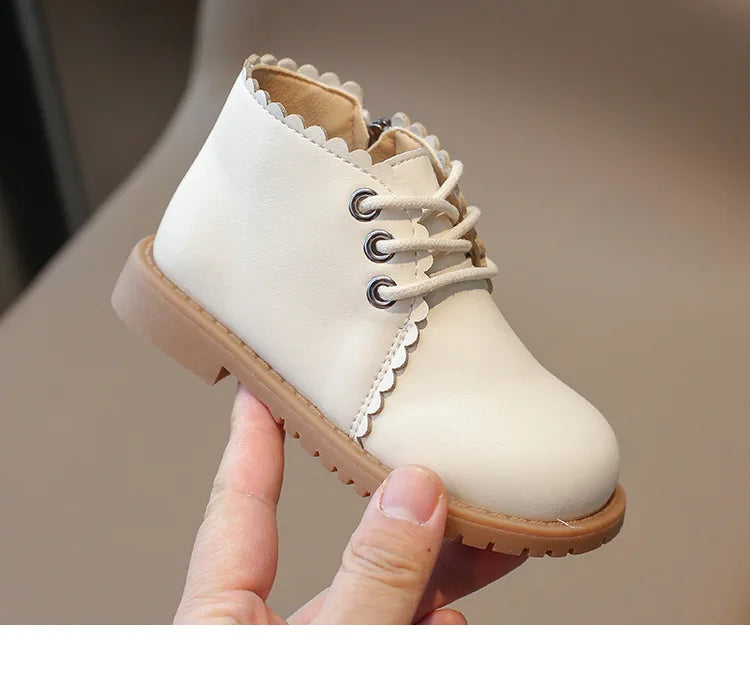 Girls’ Leather Ankle Boots 2024 — Spring & Autumn Lace-Up Side Zipper Rubber Boots, Sizes 21-30