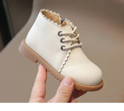 Girls’ Leather Ankle Boots 2024 — Spring & Autumn Lace-Up Side Zipper Rubber Boots, Sizes 21-30