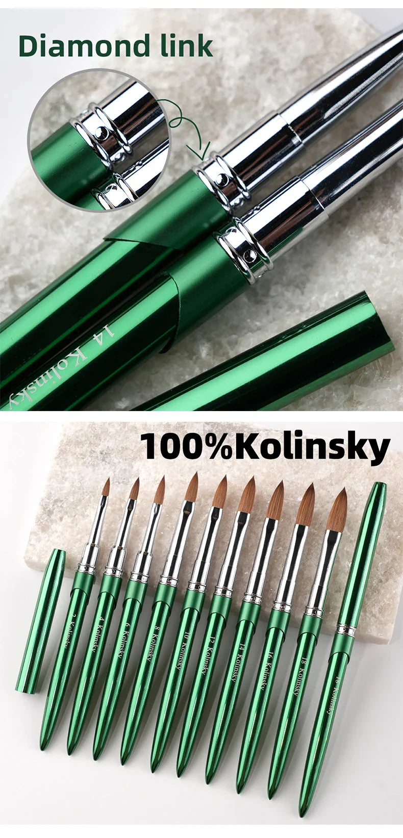 Kolinsky Acrylic Nail Brush — 100% Pure Metal Handle, Sizes 2-18 High-Quality Nail Tool