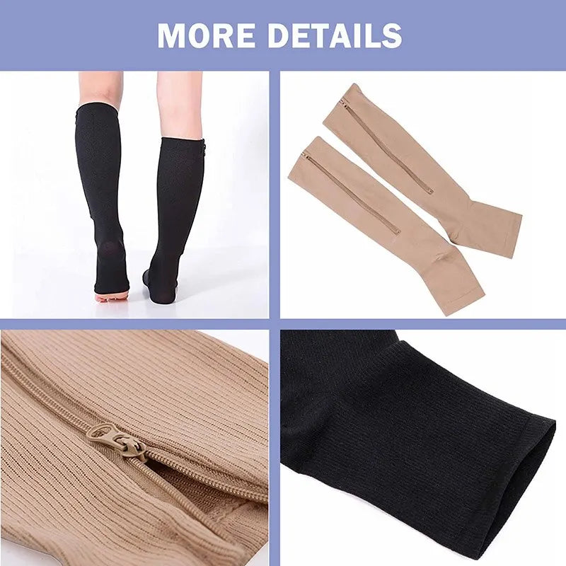 1 Pair Zipper Compression Socks: Pain Relief Stretchy Stockings for Women Men, Open Toe Compression Sports Socks Support