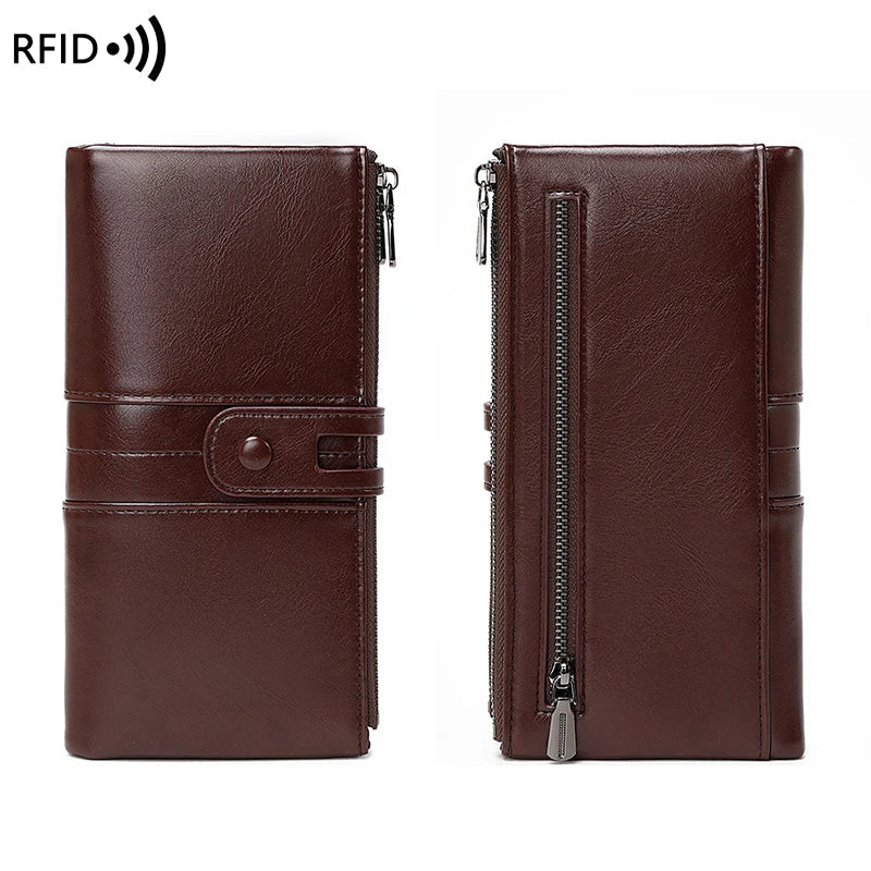 RFID Blocking Large Capacity Wallet – Soft Leather Solid Color Clutch, Multi-Functional Zipper Purse for Women & Men