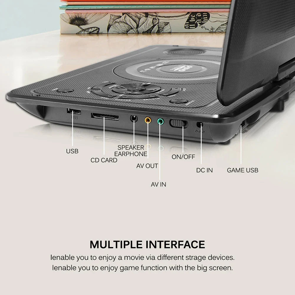 9" Portable HD TV DVD Player – 16:9 LCD Screen, 234x480 Resolution, CD/Game/TV/USB/Radio Compatible