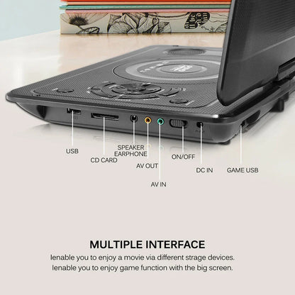 9" Portable HD TV DVD Player – 16:9 LCD Screen, 234x480 Resolution, CD/Game/TV/USB/Radio Compatible