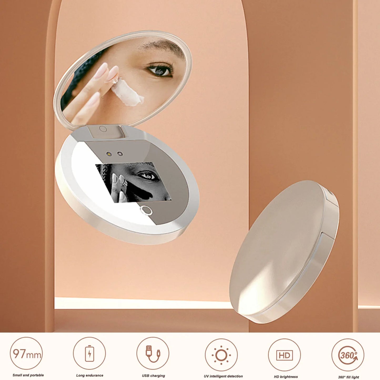 UV Mirror Sunscreen Testing Camera — 2X Magnification Travel Makeup Mirror, 3.5-inch Pocket Size