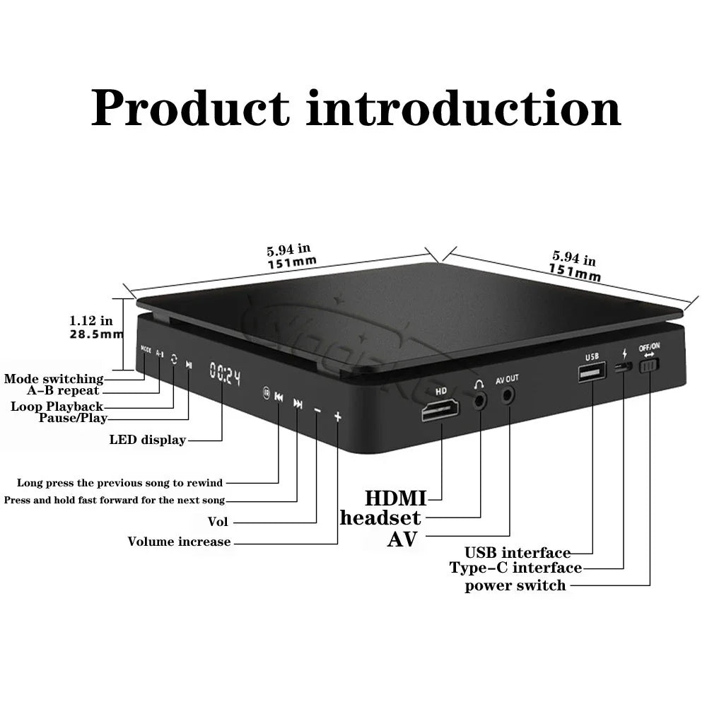 Woopker HD DVD Player – HDMI & AV Connection, USB Input, Headphone Output, LED Touch Screen, 1080P Type-C 5V/2A