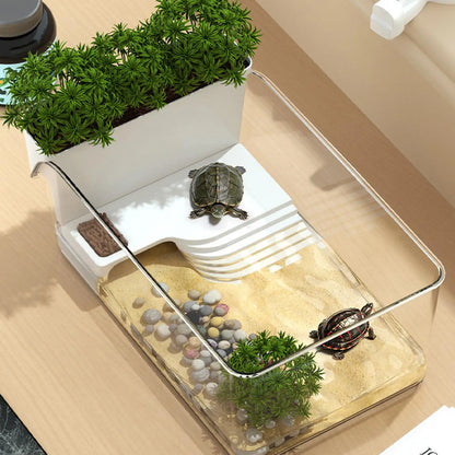 Transparent Turtle Tank Habitat - Reptile Terrarium with Basking Area for Turtles, Tortoises & Hermit Crabs