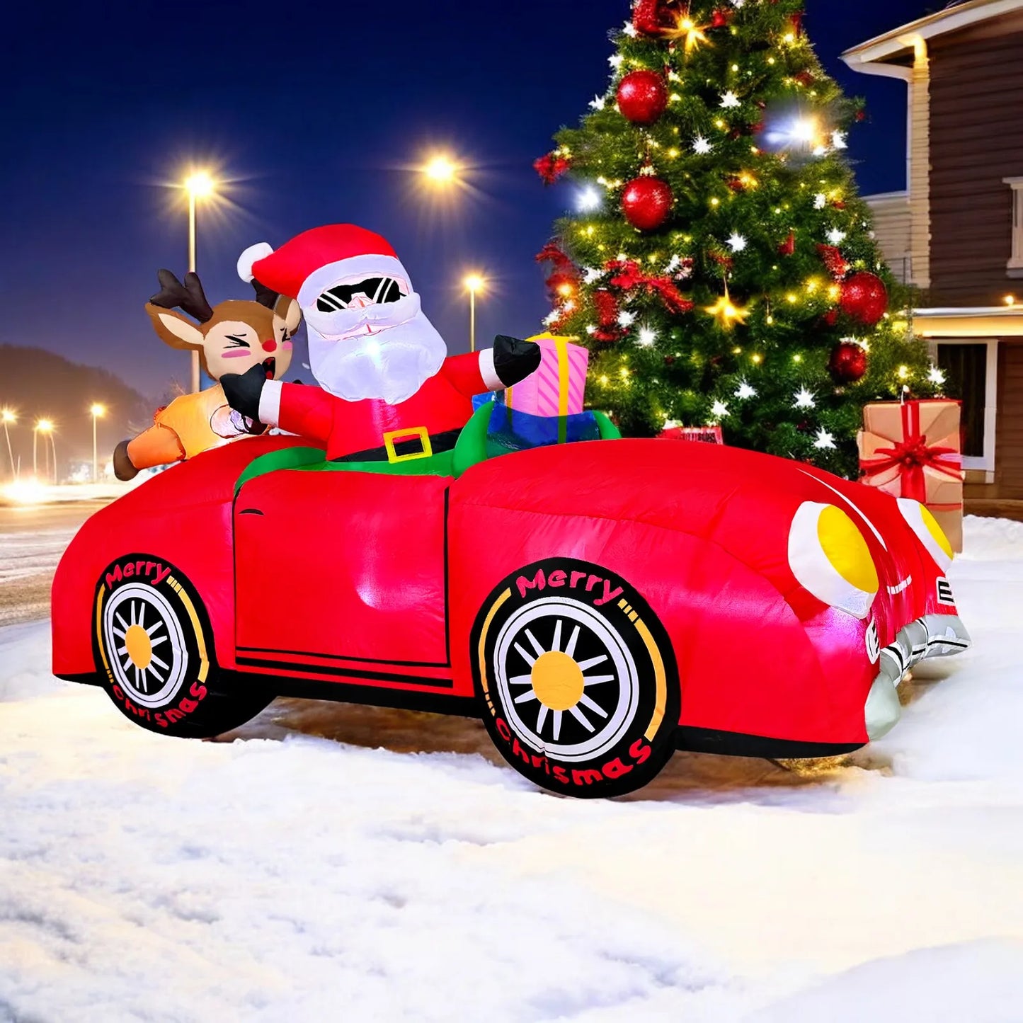 Merry Christmas Tree Arch Inflatable – Santa Claus Sleigh Decoration with LED Light for Home, Garden, and New Year Party Decor
