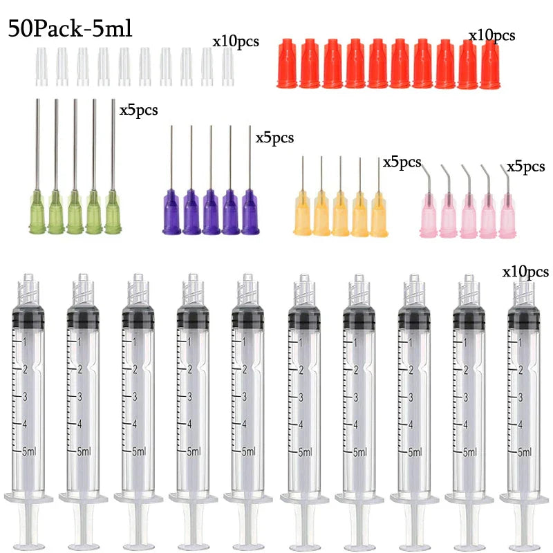 50-Pack Syringes with Blunt Tip Needles — 14G-23G with Caps for Refilling & Measuring Liquids