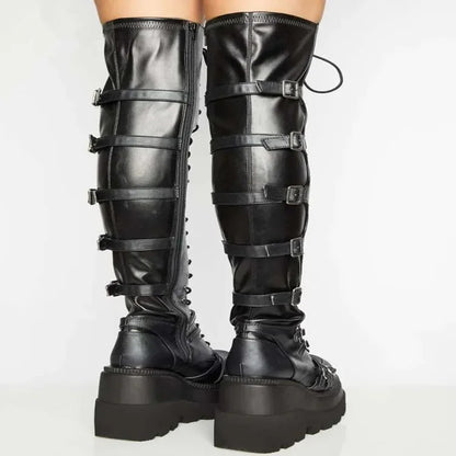 Casual High Sock Boots for Women – Slope-Sided Belt Leather Buckle, Knee-Length Stockings for Winter Season