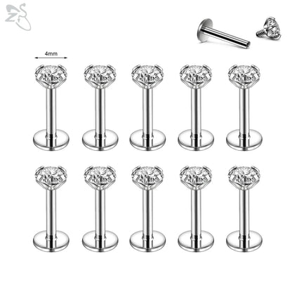 AOEDEJ 10PCS Gold Stainless Steel Labret Lip Studs – 16/18G CZ Crystal Helix, Cartilage & Tragus Piercings (2–6mm)