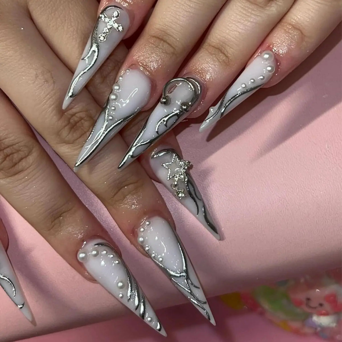 110PC Silver Star Nail Charms – Planet & Cross Alloy Nail Art Decorations