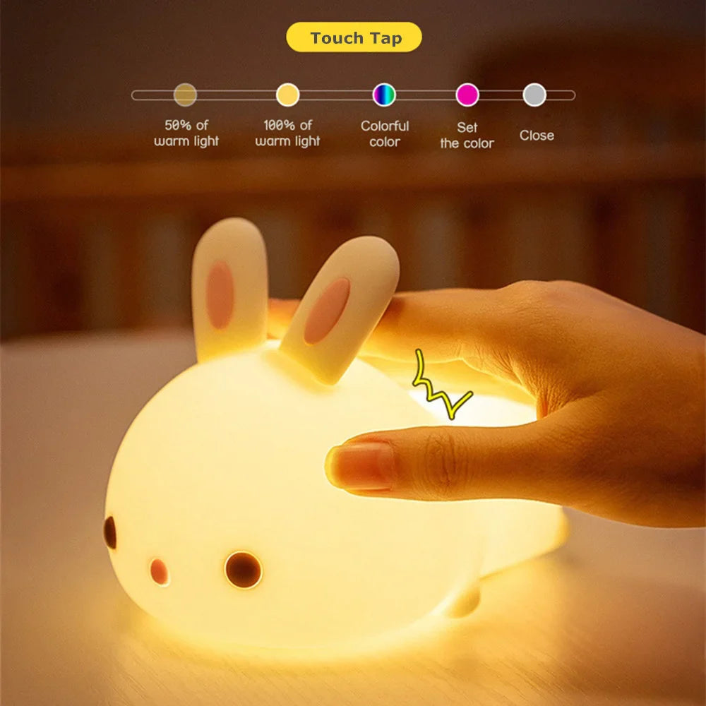 RGB Touch Sensor Rabbit Night Light – 16-Color USB Rechargeable Silicone Bunny Lamp, Kids’ Nightlight & Festival Gift