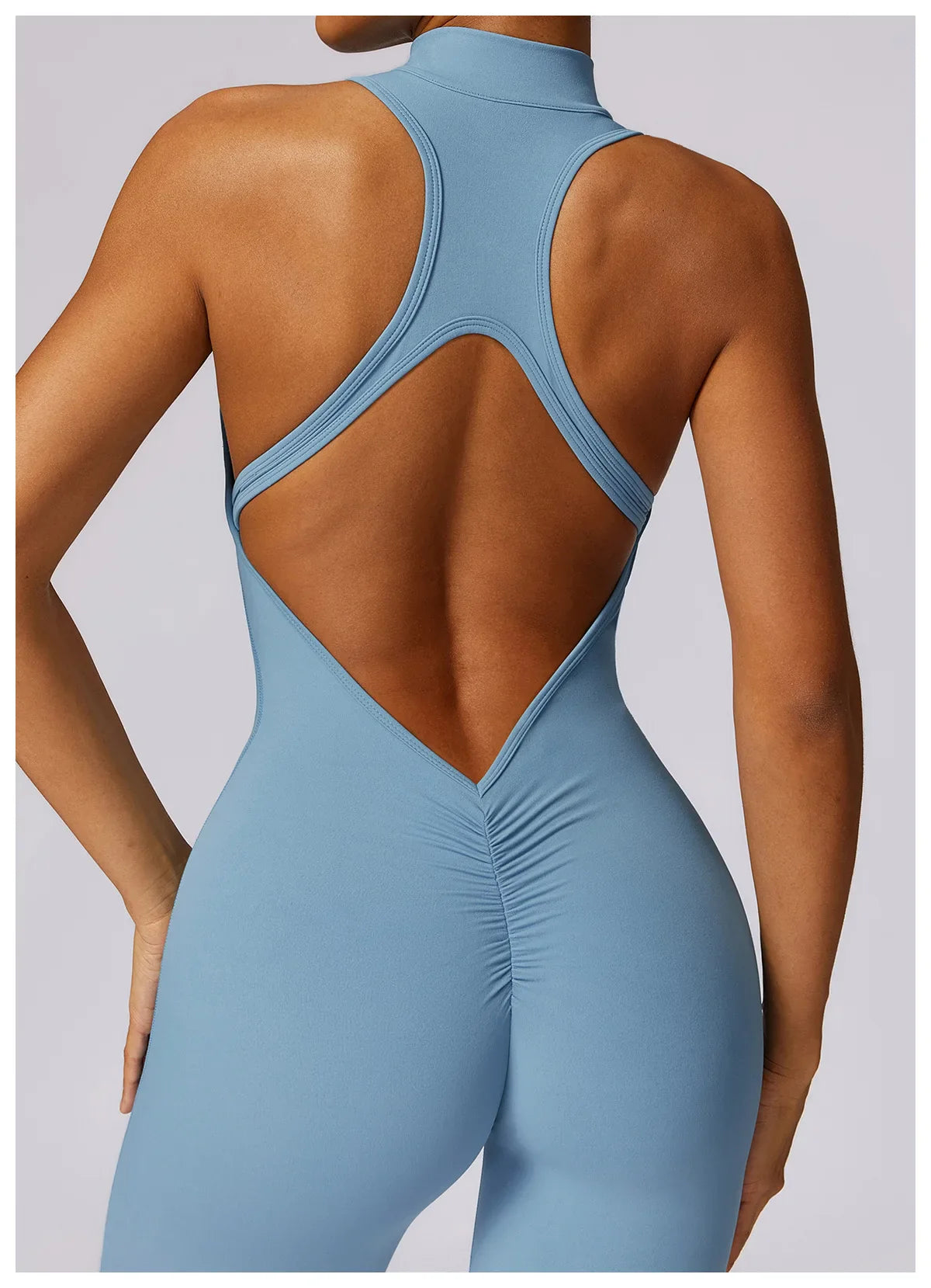 Women’s V-Back One-Piece Sports Jumpsuit — Sleeveless Yoga Romper with Zipper Workout Bodysuit