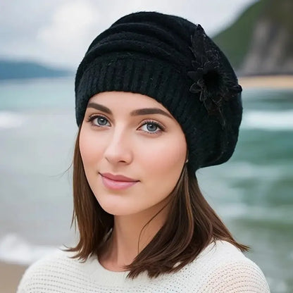 Women’s Winter Flower Beret – Thick Knitted Wool Hat, Warm Autumn & Winter Mom Hat