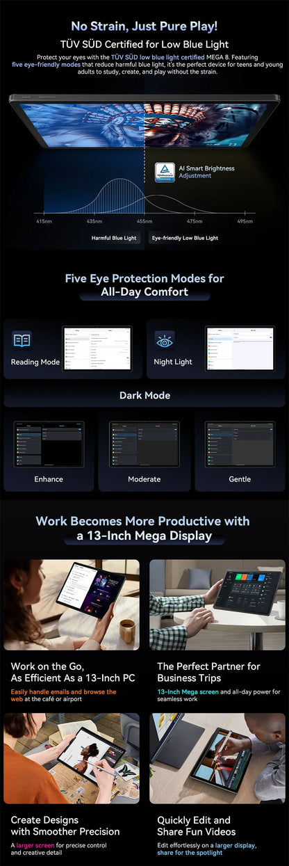 Blackview MEGA 8 Tablet – 13" FHD+ 90Hz Display, 11000mAh, Android 15, 50MP Camera, 4 Speakers, 4G Pad PC